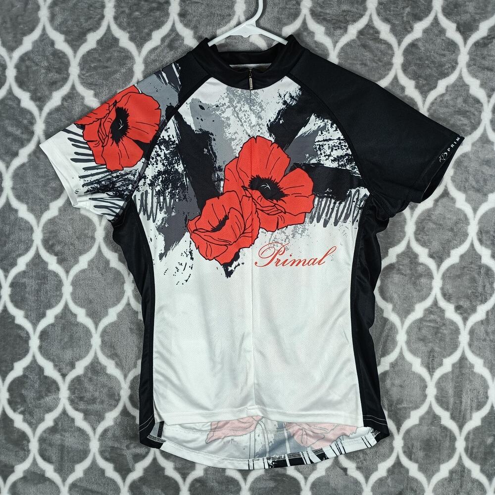 Primal Cycling Jersey Women Small White Red Poppy Floral Bike Short Sleeve Zip